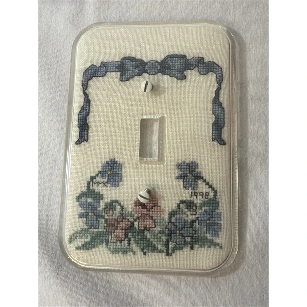 Set of 2 Vintage Needlepoint Switch Plate Covers Blue Flowers Handmade 1998